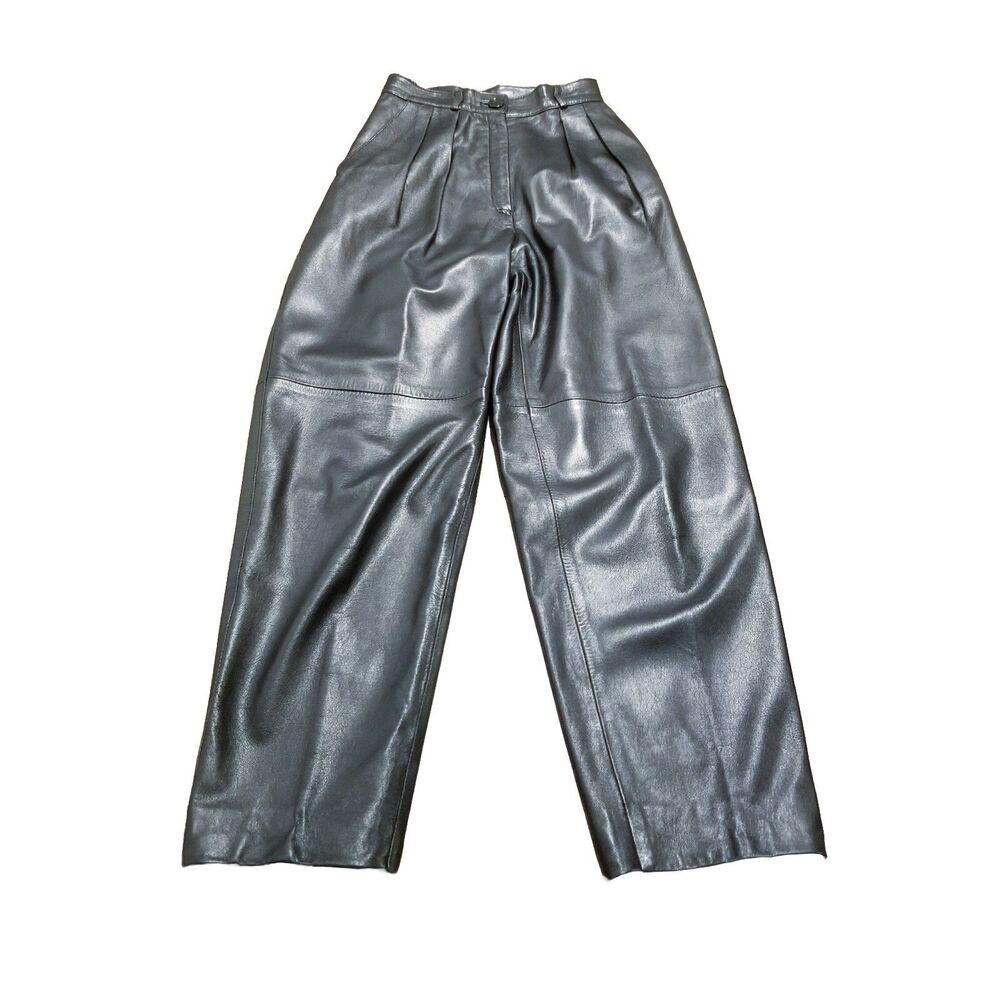 Cassidy Genuine Leather Pants Women Size 4 Black Pleated Vintage Italy (22×26.5)